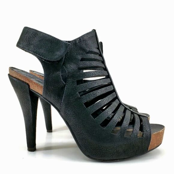 Vince Camuto Black Nubuck Leather Caged Open-Toe Sling-Back High Heel Sandals - Picture 3 of 15